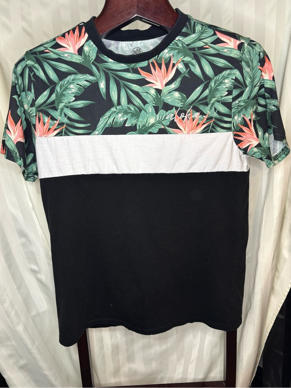 Floral Block-Panel Men’s Tee - Black & Green